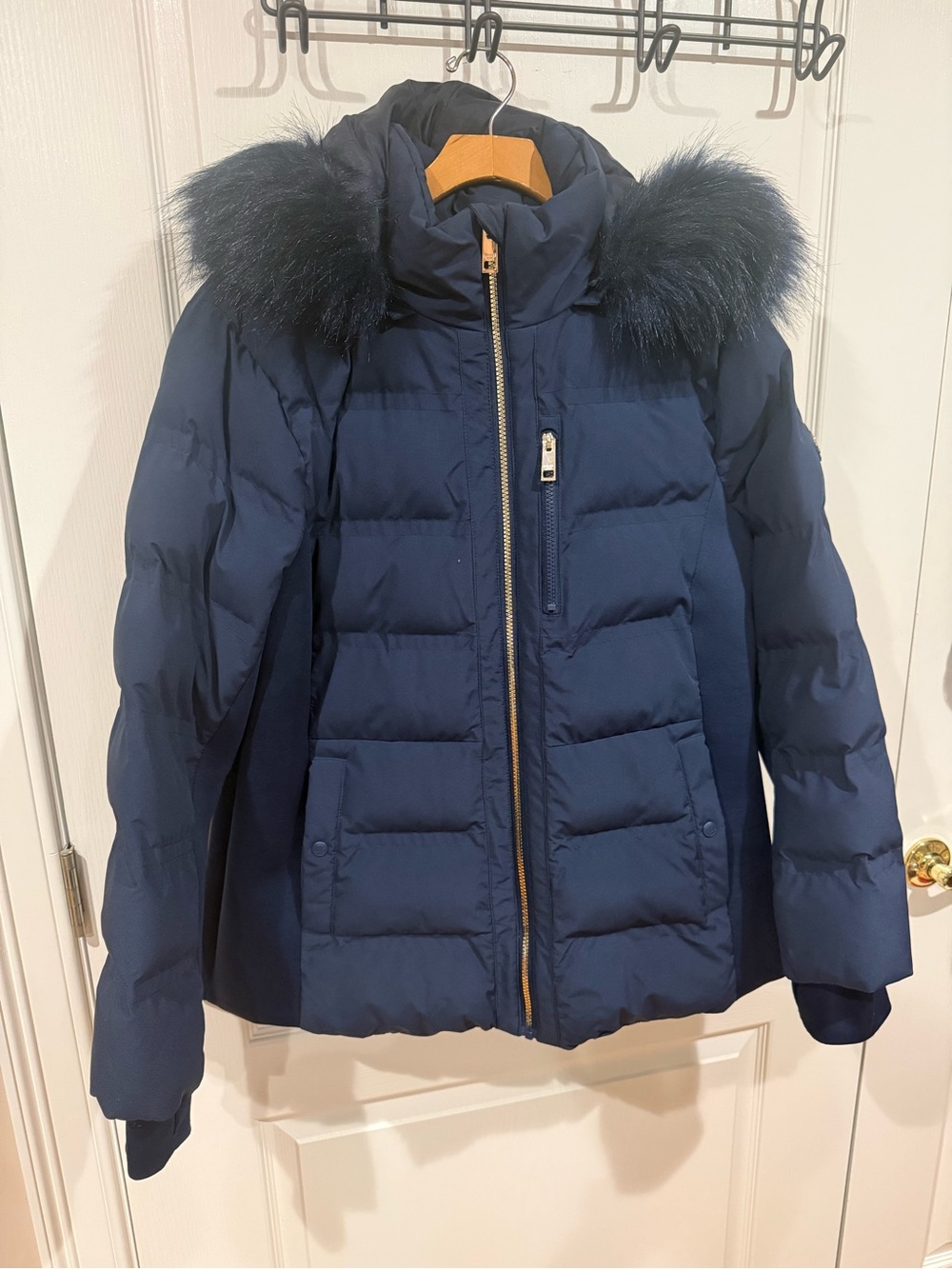 Michael Kors Dark Navy Quilted Puffer Jacket with Faux Fur Hood